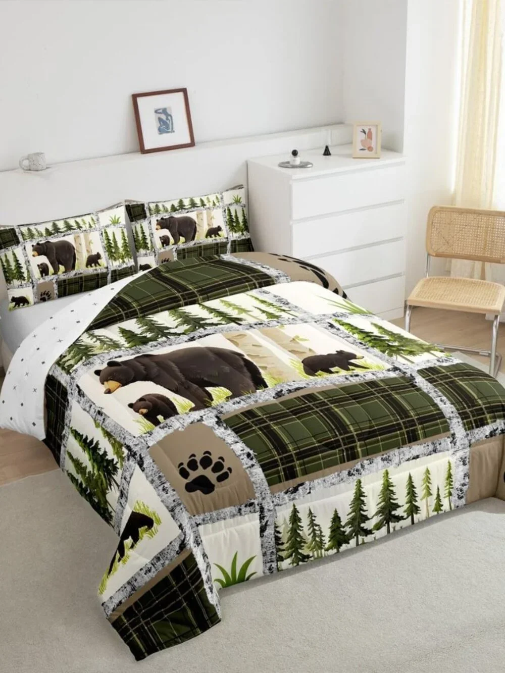 Kids Adult Rustic Cabin Comforter Set,Rustic Bear Bedding Set Toddler Size,Fores